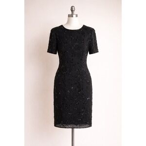 Scala Beaded Silk Dress Women Large Black Floral Sequin Cocktail Vintage LBD